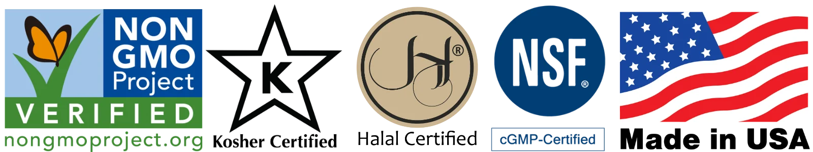 Non-GMO Project Verified badge, Kosher certified badge, Halal certified badge, NSF cGMP certified badge, Made in USA badge